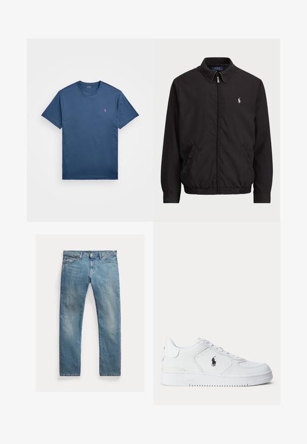 Černá zipová bunda s klasickým límcem, elastickými manžetami a lemem, s malým vyšitým logem na levé kapse.; Polo Ralph Lauren Big & Tall JERSEY CREWNECK T-SHIRT - Jednoduché tričko - clancy blue; Světle modré džíny s rovnými nohavicemi, zapínání na knoflíky, pět kapes, jemné vyblednutí a akcenty šití.; Bílá sportovní obuv s texturovaným koženým svrškem, zaoblenou špičkou, plochými tkaničkami a černým logem na boku. Gumová podrážka s protiskluzovým vzorem.