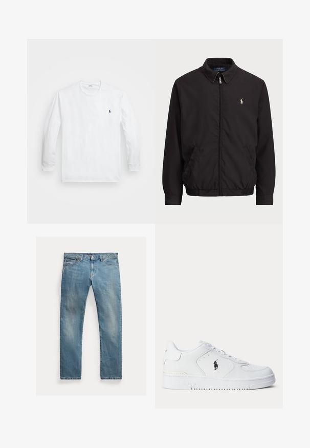 Fekete cipzáros dzseki klasszikus gallérral, elasztikus mandzsettákkal és alján, a bal mellzseben egy kis hímzett logóval.; Fehér, hosszú ujjú, puha pamutból készült ing, bordás kerek nyakkal, illeszkedő mandzsettákkal, és egy kis tengerészkék logóval a mellkason.; Világoskék farmernadrág egyenes szabásban, gombos záródással, öt zsebbel, enyhe kopással és varrási díszítésekkel.; Fehér sportcipő texturált bőr felsőrésszel, kerek orral, lapos fűzőkkel, és oldalt fekete logóval. Gumi talp tapadást biztosító mintázattal.