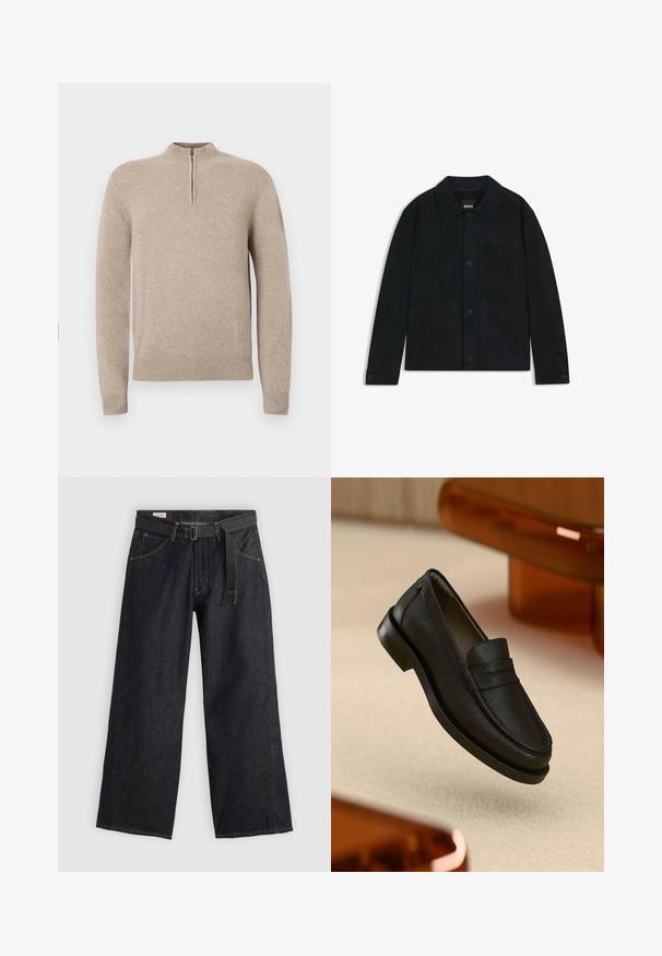 Mörkblå sammetjacka med spetsig krage, framknäppning med knappar, två stora påsydda fickor och subtila ton-i-ton stickningsdetaljer.; Beige stickad tröja med halvdragkedja, ribbade muddar och nederkant. Slät textur med en figurnära siluett.; Mörka denimbyxor med vida ben och bälte i midjan, med framfickor och kontrasterande sömmar. Slät textur med en ren design.; Svart läderloafers med texturerad yta, utrustad med söm och gummisula. Låg mot en ljus yta.