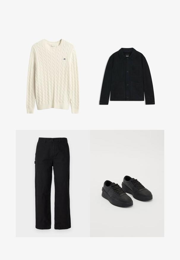 Giacca in suede blu scuro con colletto a punta, chiusura frontale con bottoni, due grandi tasche applicate e delicati dettagli di cucitura tonale.; Maglione color crema a trecce con scollo rotondo, polsini e orlo a coste. Presenta un piccolo logo ricamato sul petto a sinistra.; Pantaloni cargo neri in cotone con design a gamba dritta, dotati di tasche laterali e chiusura con bottone frontale. Tessuto resistente con una consistenza liscia.; Sneaker nere in pelle liscia con suola ammortizzata. Le caratteristiche includono lacci piatti, perforazioni sulla punta e una silhouette elegante.