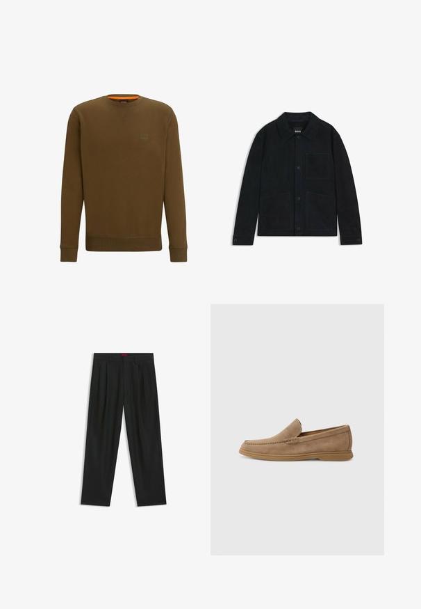 Giacca in suede blu scuro con colletto a punta, chiusura frontale con bottoni, due grandi tasche applicate e delicati dettagli di cucitura tonale.; Felpa marrone con scollatura tonda, polsini e orlo a coste. Patch con logo sul lato sinistro del petto con dettaglio interno arancione. Tessuto morbido.; Pantaloni neri con un design plissè, forma a gamba larga e texture liscia. Presentano un'etichetta rossa in vita.; Mocassini slip-on in suede marrone con una texture liscia e dettagli cuciti; presentano una suola in gomma per una migliore aderenza.