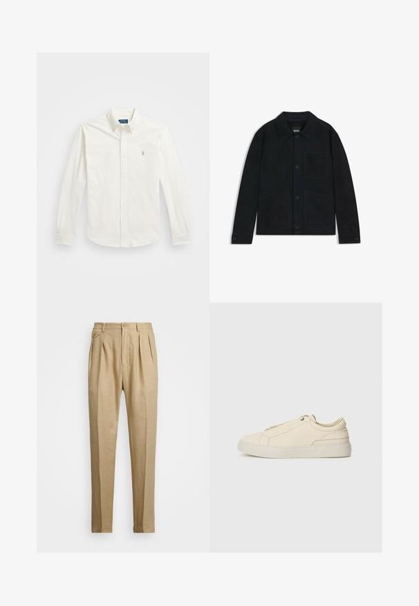 Ciemnoniebieska zamszowa kurtka z wyraźnym kołnierzem, zapinana na guziki z przodu, wyposażona w dwie duże kieszenie naszywane oraz subtelne detale w tonalnym przeszyciu.; Biała, długa koszula z długim rękawem, zapinana na guziki, wykonana z bawełny, z kołnierzykiem o spiczastym kształcie i małym wyszywanym logo po lewej stronie klatki piersiowej. Gładka tekstura.; Beżowe lniane spodnie o prostym kroju, z dwoma fałdami z przodu, z zapięciem na guzik i kieszeniami po bokach. Teksturowana tkanina o gładkim wykończeniu.; Beżowe skórzane sneakersy z zaokrąglonym noskiem, minimalistycznym designem, subtelnymi przeszyciami i teksturowaną cholewką, na jasnej podeszwie.