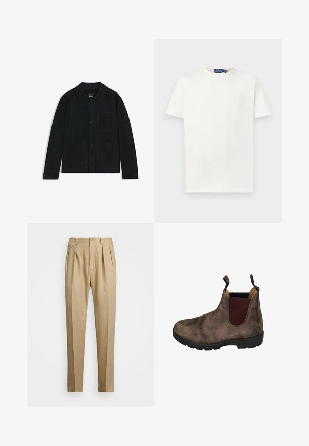 Dunkelblaues Wildlederjackett mit spitzem Kragen, vorderer Knopfleiste, zwei großen aufgesetzten Taschen und subtilen tonalen Stickdetails.; Weißes Kurzarm-T-Shirt mit Rundkragen, mit dezent gesticktem Logo auf der linken Brust und etikettierter Kragenmarkierung.; Beige Leinenhose mit geradem Schnitt, ausgestattet mit zwei vorderen Falten, einem Knopfverschluss und seitlichen Taschen. Strukturierter Stoff mit glatter Oberfläche.; Braunes Lederankelboot mit elastischen Seiteneinsätzen, strukturiertem Finish, schwarzem Gummisohle und Ziehzunge an der Ferse für einfaches An- und Ausziehen.