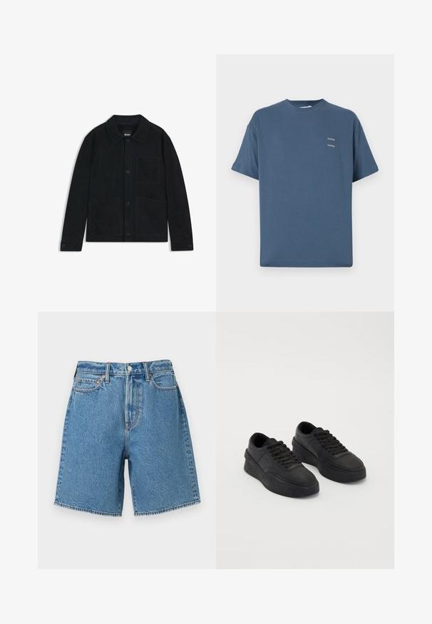 Giacca in suede blu scuro con colletto a punta, chiusura frontale con bottoni, due grandi tasche applicate e delicati dettagli di cucitura tonale.; T-shirt in cotone blu con collo rotondo classico, maniche corte, vestibilità rilassata e due piccoli loghi stampati sul petto. Texture liscia.; Shorts in denim di colore azzurro chiaro con vita alta, design a cinque tasche, orli cuciti e chiusura a bottone metallico. Texture con una finitura classica.; Sneaker nere in pelle liscia con suola ammortizzata. Le caratteristiche includono lacci piatti, perforazioni sulla punta e una silhouette elegante.