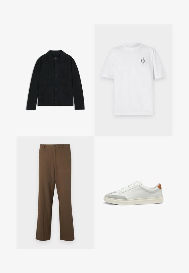 Donker marineblauwe suède jas met een spitse kraag, sluiting met knopen aan de voorkant, twee grote opgestikte zakken en subtiele ton-sur-ton stikdetails.; Witte katoenen t-shirt met een ontspannen pasvorm, voorzien van een klein zwart graphic logo op de linkerkant van de borst. Korte mouwen, ronde hals.; Bruine, rechte broek gemaakt van gestructureerde stof, met een knoopsluiting en standaard tailleband, zijzakken en tailleurnaden.; Witte leren sneakers met grijze suede accenten en een tan leren hieltab. Kenmerkt zich door een textuurovervlak en een lichtgewicht zool.