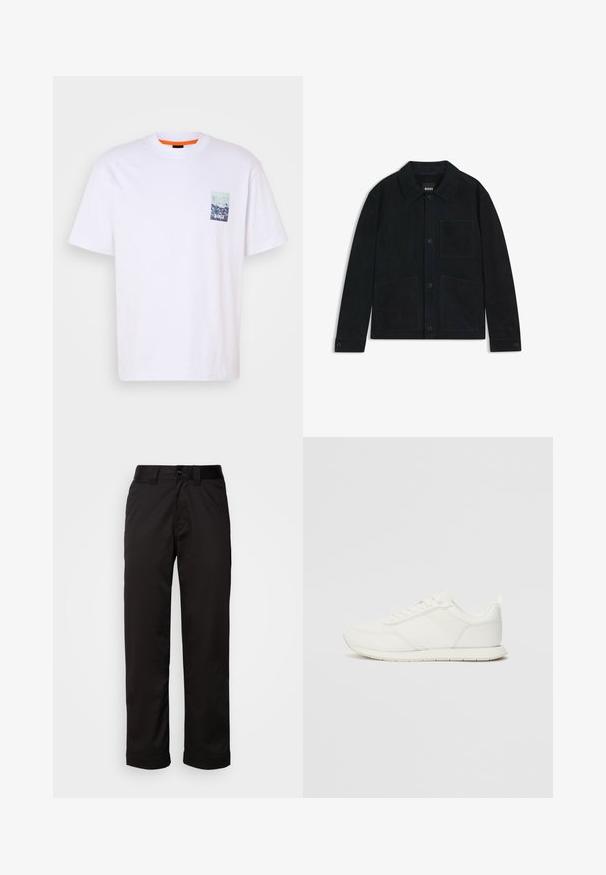 Mørkeblå suedjakke med spidse krave, frontlukning med knapper, to store påsydde lommer og subtile tonale stikninger.; Hvid bomulds t-shirt med korte ærmer, rund halsudskæring og et lille blåt grafisk lomme-design med "BOSS" foran.; Sorte bukser lavet af glat stof med lynlås, knaplukning og opsmøgede nedenkanter for et afslappet design.; Hvid sneaker med en overdel af mesh og syntetisk materiale, rund tå, flade snørebånd og en struktureret side-stribe. Gummisål med en træktab bagpå.