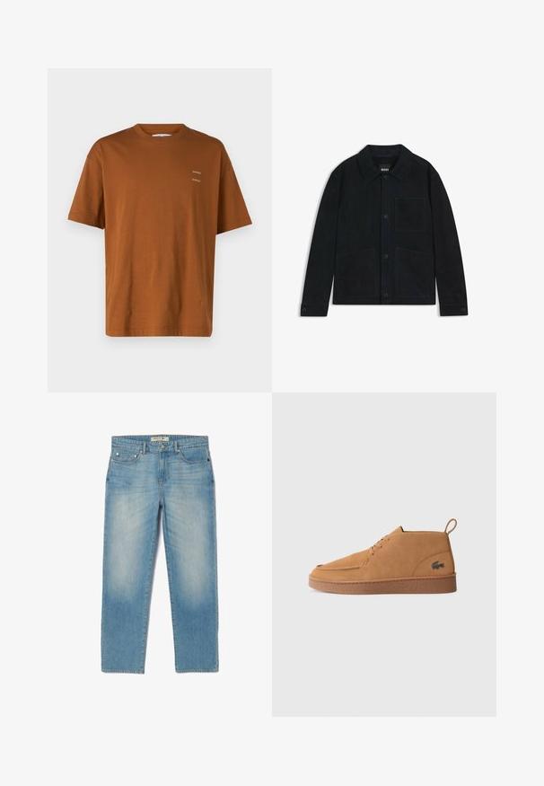 Donker marineblauwe suède jas met een spitse kraag, sluiting met knopen aan de voorkant, twee grote opgestikte zakken en subtiele ton-sur-ton stikdetails.; Bruin katoenen T-shirt met een ontspannen pasvorm, ronde hals en korte mouwen. Heeft kleine witte tekstafdruk op de voorkant.; Lichtblauwe denim jeans met een recht gesneden ontwerp, vijf zakken en een licht vervaagde wassing. Voorzien van zilverkleurige hardware en een merklabel op de tailleband.; Bruine suède veterschoen tot de enkel met een rubberen zool en een trekband, met een kenmerkend krokodillologo aan de zijkant.