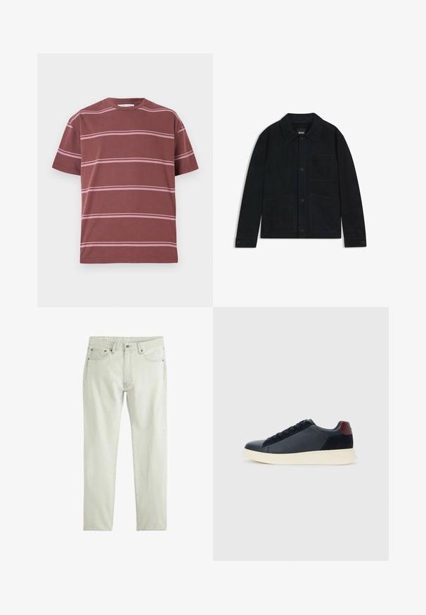 Ciemnoniebieska zamszowa kurtka z wyraźnym kołnierzem, zapinana na guziki z przodu, wyposażona w dwie duże kieszenie naszywane oraz subtelne detale w tonalnym przeszyciu.; Bordowa koszulka z poziomymi różowymi paskami, okrągły dekolt, krótkie rękawy oraz luźny krój. Wykonana z miękkiego bawełnianego materiału.; Levi's® - Jeansy Straight Leg; Niskie męskie sneakersy z czarnej skóry i zamszu, z bordową pętlą na pięcie i białą gumową podeszwą, widziane z zewnętrznej strony.