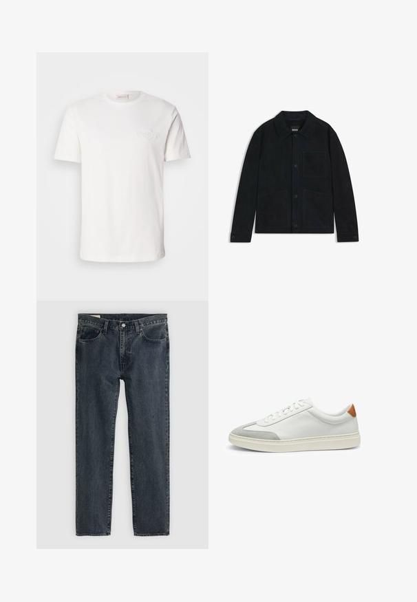 Dark navy suede jacket featuring a pointed collar, front button closure, two large patch pockets, and subtle tonal stitching details.; White cotton t-shirt with short sleeves, featuring a subtle embossed logo on the chest. Classic crew neck design, smooth texture.; Dark blue denim jeans with a straight leg design, five pockets, and a button-fly closure. The fabric shows a subtle fade and texture.; White leather sneakers with gray suede accents and a tan leather heel tab. Features a textured surface and lightweight sole.