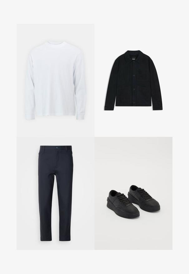 Mørkeblå suedjakke med spidse krave, frontlukning med knapper, to store påsydde lommer og subtile tonale stikninger.; Langærmet hvid t-shirt lavet af bomuld, med rund hals og lige afslutning. Glat tekstur, enkelt design uden mønstre eller detaljer.; Marineblå skræddersyede bukser lavet af glat stof, med en lynlås lomme, lige ben og en knaplukning i taljen.; Sorte sneakers lavet af glat læder med en polstret sål. Funktionen inkluderer flade snørebånd, perforeringer på tåen og en elegant silhuet.