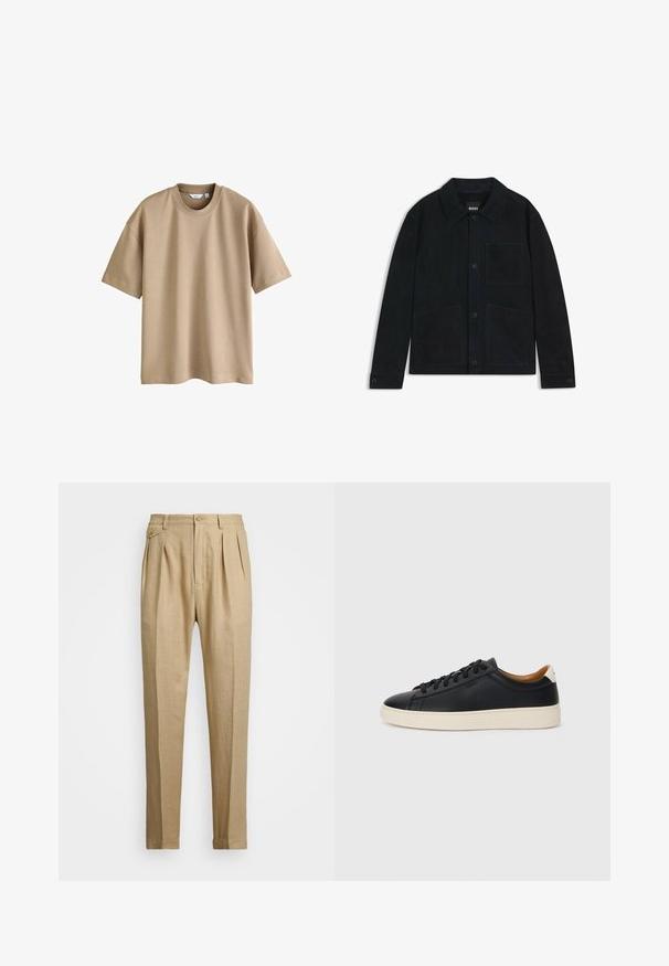 Dunkelblaues Wildlederjackett mit spitzem Kragen, vorderer Knopfleiste, zwei großen aufgesetzten Taschen und subtilen tonalen Stickdetails.; Kurzarm-T-Shirt in hellbraun, aus weichem Stoff, mit Rundhalsausschnitt und lockerer Passform ohne sichtbare Muster oder Akzente.; Beige Leinenhose mit geradem Schnitt, ausgestattet mit zwei vorderen Falten, einem Knopfverschluss und seitlichen Taschen. Strukturierter Stoff mit glatter Oberfläche.; Schwarze Ledersneaker mit glatter Textur, beiger Gummisohle, Schnürdesign und einem kontrastierenden Fersenakzent.