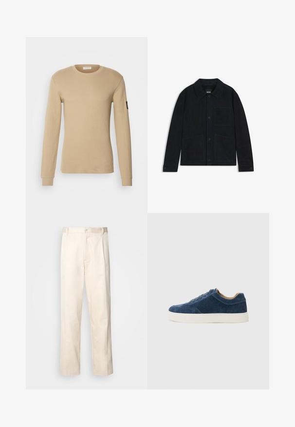 Ciemnoniebieska zamszowa kurtka z wyraźnym kołnierzem, zapinana na guziki z przodu, wyposażona w dwie duże kieszenie naszywane oraz subtelne detale w tonalnym przeszyciu.; Beżowa, długosleeve'owa koszulka z teksturowanej tkaniny, z okrągłym dekoltem i dopasowanymi mankietami. Zawiera małe czarne logo na rękawie.; Beżowe bawełniane spodnie o prostym kroju nogawki, z zapięciem na guziki i plisami z przodu dla dodatkowego zdobienia.; Niebieskie zamszowe sneakersy z białą gumową podeszwą, sznurowana konstrukcja, zaokrąglony nosek i kontrastowe, brązowe wnętrze. Subtelne detale w przeszyciach.