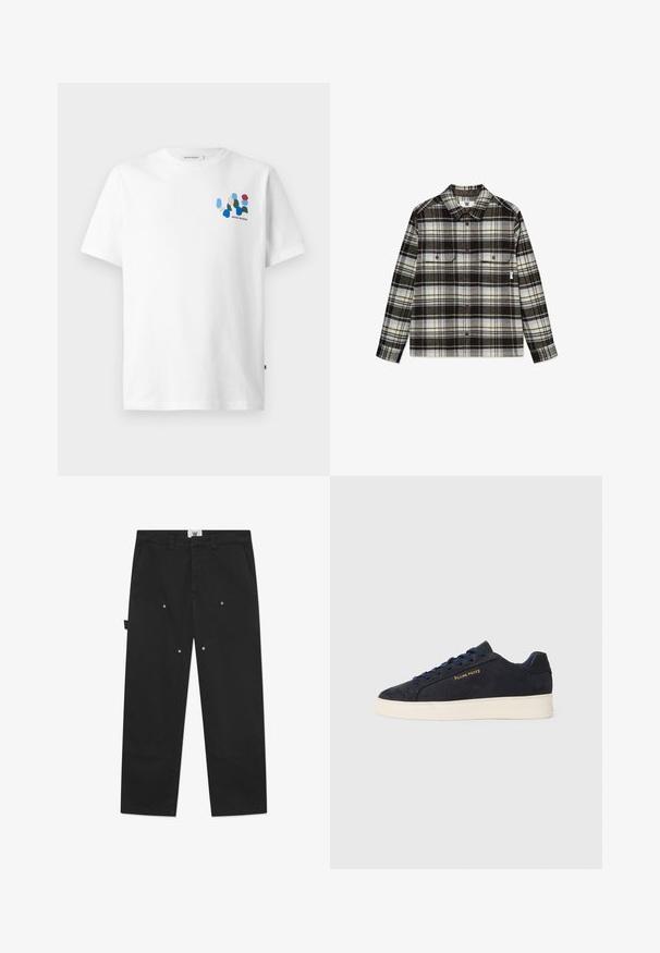 Lininis marškinys su langeliais juodos, baltos ir šviesiai mėlynos spalvų atspalviais. Yra mygtukais užsegamos krūtinės kišenės ir apykaklė. Minkšta tekstūra.; Balta medvilninė marškinė su spalvingu abstrakčiu dizainu kairėje krūtinės pusėje, kuriame yra mėlynos, žalios, raudonos ir persikinės formos. Trumpi rankovės ir apvali iškirptė.; Juodi medvilniniai kelnių savyje turi tiesų siluetą, akivaizdžius siūlės, šonines kišenes ir metalinius spaustukus priekyje.; Tamsiai mėlynos zomšos žemos batai su balta siaura, tamsiai mėlynais raišteliais ir auksiniu logotipu „Filling Pieces“ šone.