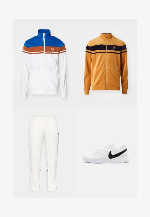 Orange velourjacka med marinblå ränder över bröstet, dragkedja fram, ståkrage och logotyp på vänster sida. Mjuk textur.; Vitt zip-up jacka med en blå överdel, brun mittsträng och vita accentsträngar. Har en upprätt krage och logotyp.; Svart kortärmad t-shirt i bomull. Har en gul logotyp tryckt på vänster bröst. Klassisk rund halsringning, slät textur.; Vita joggerbyxor i mjukt tyg, med sidofickor och färgade ränder vid ankeln i orange och blå accenter.; Vita idrottsskor med en texturerad ovandel, svart Nike-logotyp, vadderad krage samt en solid gummisula med mönstrad slitbana.