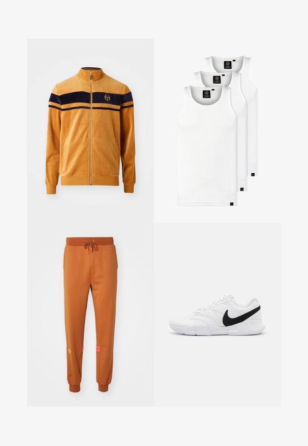 Orange velour jacket with navy stripes across the chest, zip front, stand-up collar, and logo on the left side. Soft texture.; Three white ribbed tank tops made of cotton. Features a crew neck and small black labels near the hem. Available in multiple sizes.; Brown sweatpants with elastic waistband and drawstring; features pink accent stripes and embroidered logo near ankle; soft, textured fabric.; White athletic shoes featuring a textured upper, black Nike swoosh, padded collar, and a solid rubber outsole with patterned tread.