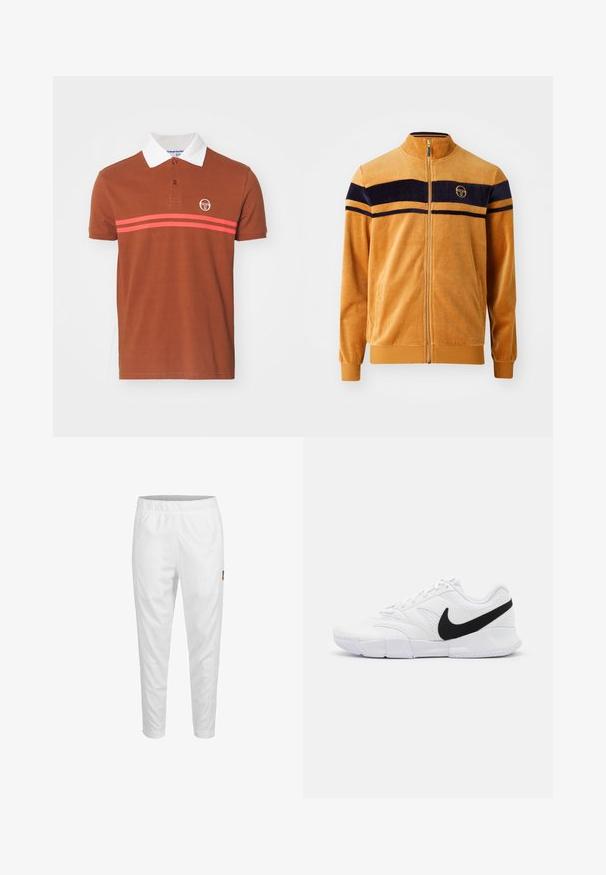 Oranžinė veliūrinė striukė su tamsiai mėlynomis juostelėmis per krūtinę, užtrauktuku priekyje, stovinčiu apykakle ir logotipu kairėje pusėje. Minkšta tekstūra.; Ruda polo marškinėliai su balta apykakle, turintys dvi horizontalias rožines juosteles ir logotipą krūtinėje. Pagaminti iš tekstūruoto audinio.; Baltos sportinės kelnės su elastinga juosta, siaurėjantys džinsai ir mažas logotipo detalė šone. Lygus ir lengvas audinys.; Baltos sportinės bateliai su tekstūruotu viršumi, juodu Nike logotipu, paminkštintu apvadu ir tvirtu guminio pado su raštuotu protektoriumi.