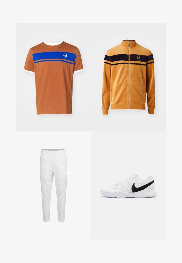 Oranžová velúrová bunda s námorníckymi pruhmi cez hruď, predné zapínanie na zips, stojatý golier a logo na ľavej strane. Mäkká textúra.; Hnedé bavlnené tričko s bielym okrajom okolo krku a rukávov, so horizontálnym modrým pruhom a logom na hornej časti prednej strany.; Biele športové nohavice s elastickým pásom, zúženými nohavicami a malým logom na boku. Hladká a ľahká tkanina.; Biele športové topánky s textúrovaným zvrškom, čiernym logom Nike, polstrovaným golierom a pevným gumovým podošvou s vzorovaným dezénom.