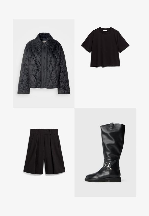 Veste matelassée noire en nylon brillant. Dotée d'un grand col, d'une couture en motif losange et de trois boutons sur le devant. Les manches sont légèrement plus larges.; T-shirt en coton noir avec un col rond et des manches courtes. Présente une coupe décontractée et un design simple, sans embellissement.; Shorts noirs ajustés avec une jambe large, des plis à l'avant et une taille plate avec passants de ceinture. Texture de tissu lisse.; Botte en cuir noire montante avec un petit talon et un détail de sangle argentée autour de la cheville, sur fond uni.