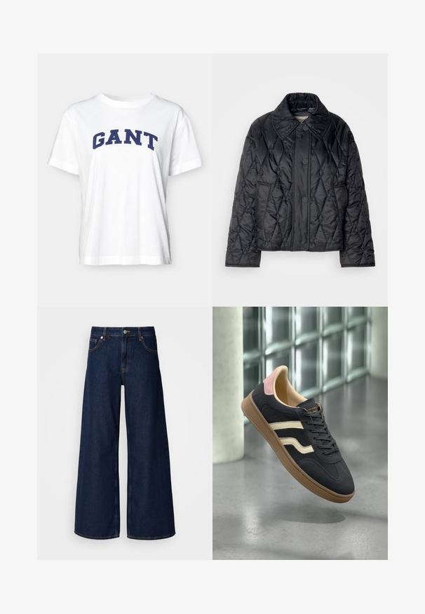 Black quilted jacket made of shiny nylon. Features a large collar, diamond pattern stitching, and three front buttons. Sleeves are slightly wider.; White cotton t-shirt with short sleeves, featuring a navy blue “GANT” text graphic across the chest and a relaxed fit design.; Wide-leg dark blue denim jeans with a high waist, front pockets, and a button closure. Features contrast stitching and a smooth texture.; Navy leather sneakers with cream stripes, pink accents on the heel, and a textured tan rubber sole. Classic low-top design.