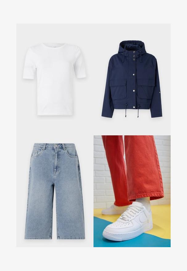 Jachetă cu glugă de culoare bleumarin, cu șnur, două buzunare frontale, închidere cu capse și un design scurt. Textură netedă și material ușor.; Tricou alb din bumbac, cu guler rotund și mâneci scurte. Textură netedă, croială regulară. Fără modele sau accente vizibile.; Jeanși scurți de culoare bleu deschis, cu o croială largă, talie medie și cusături vizibile. Dispun de buzunare laterale și la spate, și se închid cu un nasture.; Tenis alb din piele cu fanta pe vârful piciorului, talpă texturată și șireturi albe, purtat cu pantaloni larga roșii și un fundal albastru și galben.