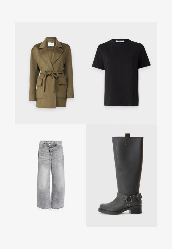 Alyvų žalios vilnos mišinio paltas su įpjovu apykakle, diržu juosmeniui ir dviem didelėmis priekinėmis kišenėmis. Tekstūruota medžiaga su lygiu paviršiumi.; Juodas trumpas rankovės marškinėliai, pagaminti iš minkštos medvilnės, su apvaliu iškirpimu, laisvu pritaikymu ir lygiu paviršiumi. Nėra matomų raštų ar grafikos.; Šviesiai pilki aukšto liemens plačių kojų džinsai, su suplėšytais akcentais ir nebaigta apdaila. Du priekiniai kišeniai ir sagčių uždarymas.; Juodų odinių iki kelių botų su tekstūruotu paviršiumi, šonuose su sagtimi ir žemu kulnu. Išsamus siuvinėjimas palei siūles.