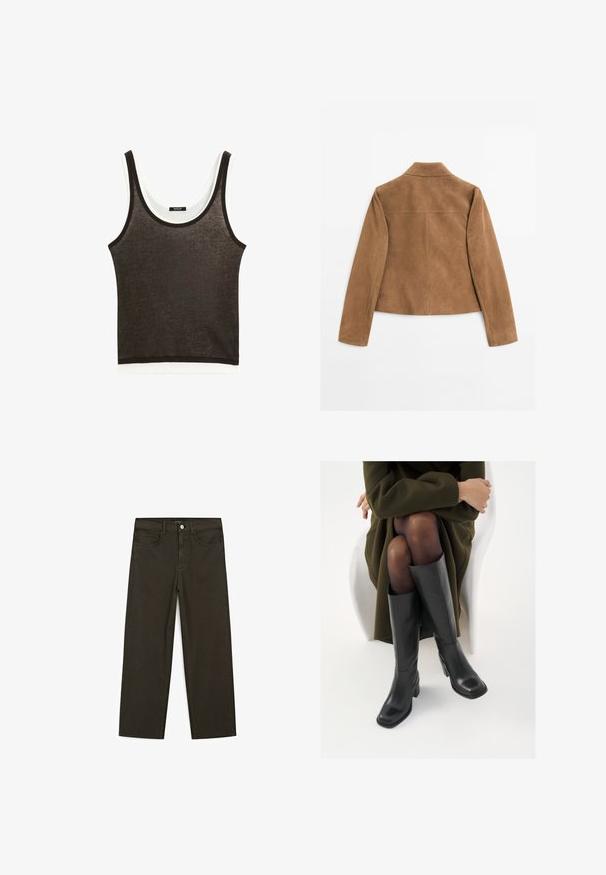 Braune Wildlederjacke mit langen Ärmeln und einem kurzen Kragen, von hinten auf einem weißen Hintergrund gezeigt.; Dunkelbrauner ärmelloser Tank-Top mit einem weißen horizontalen Saum. Hergestellt aus leichtem Stoff, mit Rundhalsausschnitt und minimalistischem Design.; Dunkelgrüne Jeans im weit geschnittenen Style, hergestellt aus einem Baumwollgemisch. Sie verfügen über einen Frontknopfverschluss, fünf Taschen und klassische Denim-Nähte.; Knöchelhöhe schwarze Lederstiefel mit quadrater Spitze und Blockabsatz, gezeigt mit einem Modell, das einen olivgrünen Mantel trägt. Glatte Textur, minimale Details.
