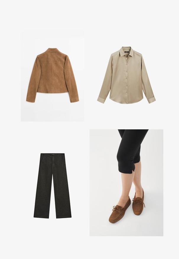 Bruine suède jas met lange mouwen en een korte kraag, van achteren weergegeven op een witte achtergrond.; Beige overhemd met lange mouwen, knoopsluiting, klassieke kraag en manchetten, gladde stof en een iets afgeronde onderkant.; Wijd uitlopende zwarte denim broek met een middelhoge taille, twee zijzakken en een eenvoudige, minimalistische uitstraling zonder zichtbare versieringen.; Bruine suède instappers met een ronde neus, veters details en een lage profiel. Gecombineerd met zwarte cropped leggings tegen een witte achtergrond.