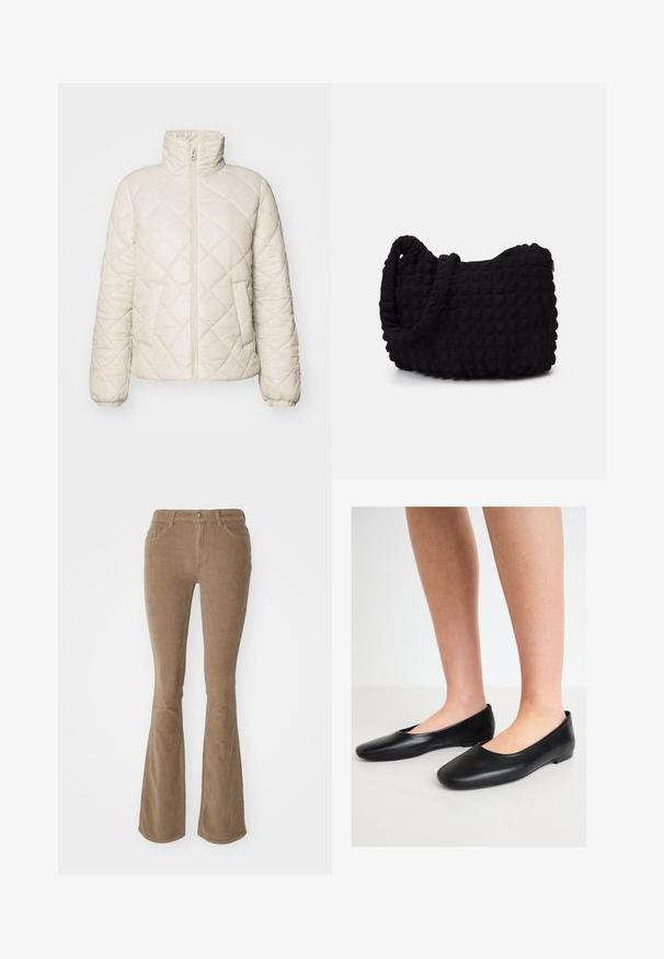 Quilted let jacket i lys beige, med høj krave, frontlynlås og elastiske manchetter. Glat, tekstureret stof med diagonale mønstre.; Sort højhalset bluse med lange ærmer, lavet af ribbet stof, har et tætsiddende design med en høj krave og uden mønstre eller detaljer.; Lysebrune fløjlsbukser med bred bund. Har forlommer og knaplukning, med en ribbet tekstur overalt.; Sorte ballerinaer lavet af glat læder med en rund tå og en lav, flad sål, der har et nemt slip-on design uden synlige beslag.; Sort stofpose med en struktureret, quilted mønster. Rund form, korte, tykke håndtag, og en blød, fleksibel struktur.