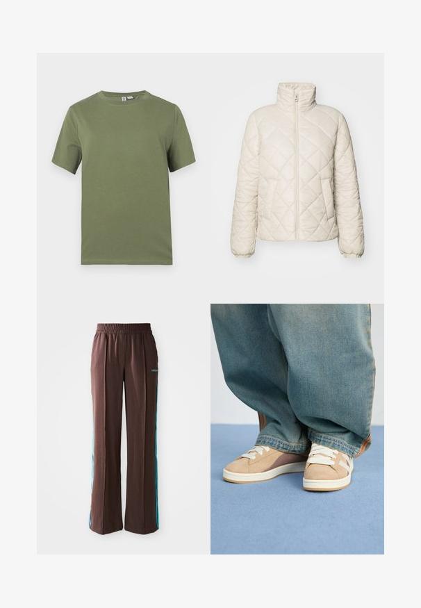 Quilted let jacket i lys beige, med høj krave, frontlynlås og elastiske manchetter. Glat, tekstureret stof med diagonale mønstre.; Olivengrøn bomulds T-shirt med korte ærmer, rund hals og glat tekstur. Enkel design, ingen synlige mønstre eller hardwaredetaljer.; Brune træningsbukser med ribbet struktur, elastisk talje og turkise side-striber. Har adidas-logoet foran.; Beige sneakers lavet af ruskind og stofmaterialer, med hvide snørebånd, lysebrune accenter og en tekstureret sål. Båret med løse blå denim-bukser.
