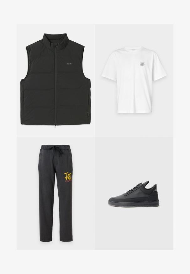 Svart puffer-vest med høy krage, glidelås i front og uten ermer. Lett stoff med synlige sømmer og en liten logo på brystet.; Hvit T-skjorte laget av bomull, med korte ermer, rund hals og en liten grå logo på venstre brystområde. Smooth tekstur.; Mørkegrå joggebukser med elastisk midjebånd og snøring. Har sidelommer og et flerfarget grafikktrykk på venstre lår.;  svarte lær sneakers med en teksturert overflate, snøring, lav topp, og en grå gummi såle med en ribbet kant.