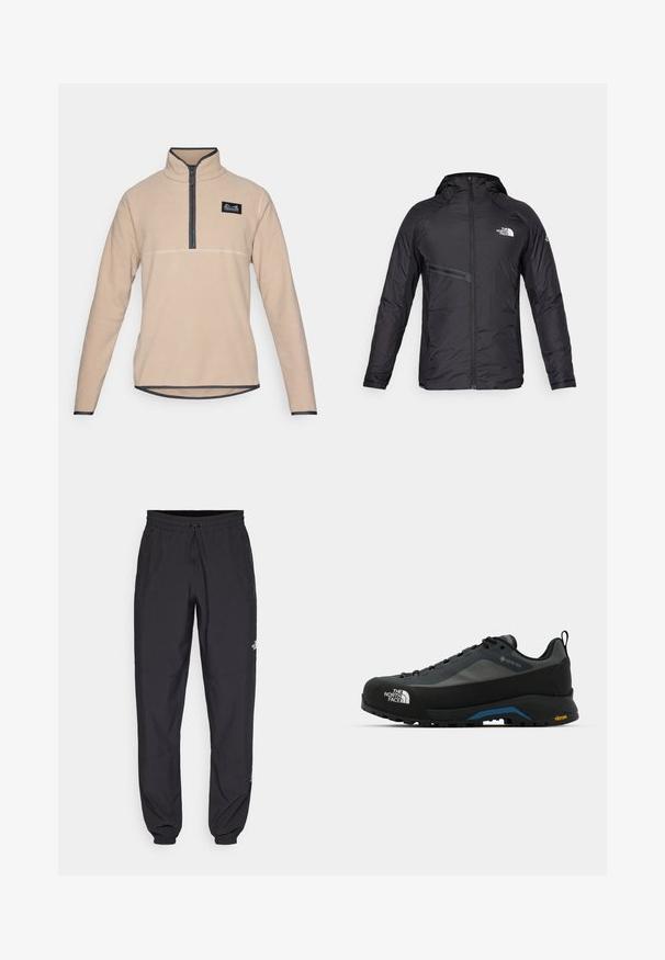 Mustavillane isoleeritud kapuutsiga jakk, millel on esi lukuga, küljetaskud ja logo aktsendid. Sile tekstuur ja voolujooneline disain.; Beez fleecest pullover poolenipoolse, millel on pool-zip kaelus, kontrastne tume äär ja väike logo silt vasakul rinnal. Pikkade varrukatega, ümar äär.; Mustavad sportlikud püksid, mis on valmistatud kergest kangast, joonlauaga taljest, küljetaskudega ja kitsenevate varrukatega pahkluude juures.; The North Face VERTO ALPINE GORE TEX - Matkajalatsid - asphalt grey/tnf black