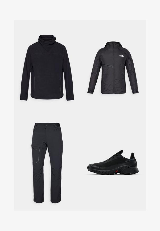 Black insulated hooded jacket featuring a front zipper, side pocket, and logo accents. Smooth texture with a streamlined design.; Black pullover with a high collar, long sleeves, and front zip pockets. Made of soft-textured fabric with subtle stitching details.; Black outdoor pants featuring a zippered thigh pocket, elastic waistband, and smooth, water-resistant fabric. Clean design with no visible logos.; Black athletic shoes with a textured upper, rounded toe, and prominent rubber outsole. Features a logo on the side and red detailing on the sole.