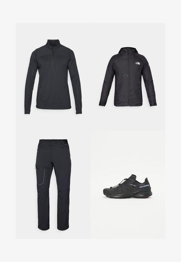 Zwarte geïsoleerde capuchonjack met een voorkant met rits, een zijzak en logo-accenten. Glad textuur met een gestroomlijnd ontwerp.; Zwarte trui met een half-rits kraag, lange mouwen, gestructureerde stof en versterkte stiksels. Heeft een logoaccent op de mouw.; Zwarte outdoorbroeken met een ritszak op de dij, een elastische tailleband en glad, waterafstotend materiaal. Schoon ontwerp zonder zichtbare logo's.; Zwarte trailrunning-schoen met een gestructureerde bovenkant, elastische veters en Contagrip-buitenzool. Bevat een goede pasvorm en beschermende teenkap.