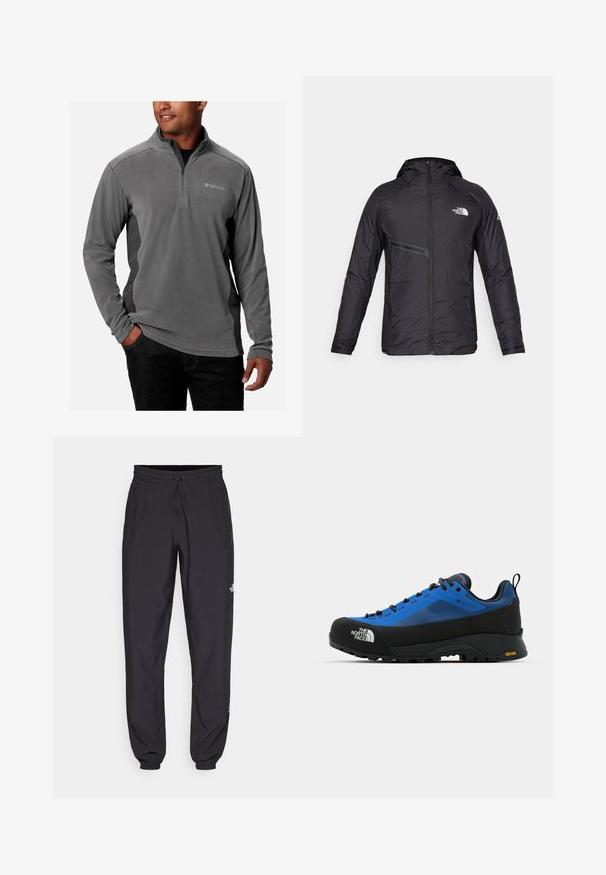 Crna izolirana kapućasta jakna s prednjim zatvaračem, bočnim džepom i logotipom. Glatka tekstura s modernim dizajnom.; Sivi flis pulover s dizajnom na četvrt zips, mekanom teksturom, dugim rukavima i logotipom na prsima. Urađen s kontrastnim bočnim panelima.; Crne sportske hlače od lagane tkanine, s pojasom na vezanje, bočnim džepovima i suženim manžetama na gležnjevima.; The North Face VERTO ALPINE GORE TEX - Obuća za pješačenje - hero blue/tnf black