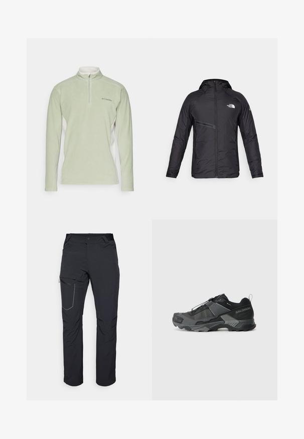 Črna izolirana jakna s kapuco, ki ima sprednji zadrgo, stranske žepe in logotipne detajle. Gladka tekstura z aerodinamičnim dizajnom.; Svetlozeleni flis pulover z visokim ovratnikom in polno zadrgo. Ima bele stranske panele in majhen logotip na prsih. Mehek material.; Črne zunanje hlače z žepom na stegnu z zadrgo, elastičnim pasom in gladkim, vodoodpornim materialom. Čist dizajn brez vidnih logotipov.; Črne trail tekaške čevlje z vzdržljivim mrežastim zgornjim delom, ojačano zaščito prstov, teksturiranim gumijastim podplatom in elastičnim sistemom vezalk za varen oprijem.
