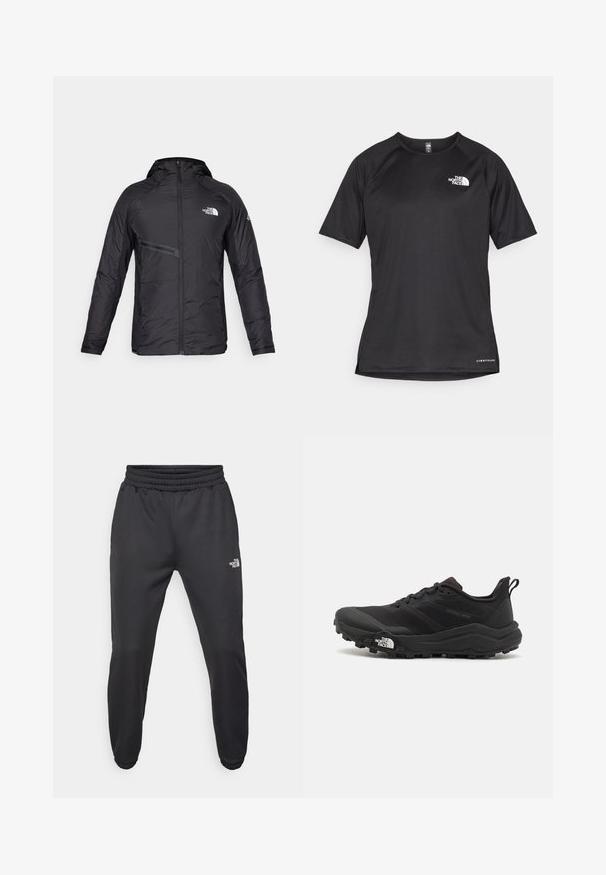 Juodas izoliuotas gobtuvėlis su priekiniu užtrauktuku, šonine kišene ir logotipo akcentais. Lygi tekstūra su aptakiu dizainu.; Juoda trumpa rankovė atletinė marškinė, pagaminta iš tekstūruotos medžiagos, su baltu logotipu kairėje krūtinės pusėje ir tiesiu apdailos kraštu.; Juodos sportinės kelnės su raišteliu juosmens, siaurėjantis kirpimas, elastingi rankogaliai ir mažas baltas logotipas kairėje šlaunies pusėje, pagamintos iš lygaus audinio.; Juoda bėgimo batai su tekstūruotu paviršiumi, guma padais ir sustiprinta pirštų dalimi. Yra paminkštinta apykaklė ir kilpos, leidžiančios lengvai užsidėti.