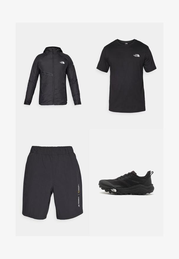 Črna izolirana jakna s kapuco, ki ima sprednji zadrgo, stranske žepe in logotipne detajle. Gladka tekstura z aerodinamičnim dizajnom.; Črna kratko sleeved majica iz bombaža, s krožnim izrezom in majhnim belim logotipom na zgornjem levem delu prsnega koša.; Črne hlače s elastičnim pasom, ki se ponašajo z gladko teksturo in stranskim logotipom Terrex in National Geographic.; Črne tekaške čevlje za trail s teksturirano zgornjega dela, gumijastim podplatom in ojačanim zaključkom prstov. Vključuje oblazinjen ovratnik in zanko za enostavno obuvanje.