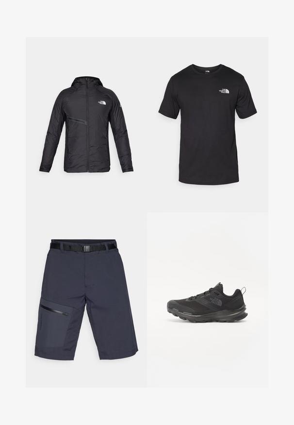 Svart isolerad jacka med huva, som har dragkedja framtill, sidofickor och logotypdetaljer. Slät textur med en strömlinjeformad design.; Svart t-shirt med kort ärm gjord av bomull, med rund halsringning och en liten vit logotyp på övre vänstra bröstområdet.; Mörkblå cargo-shorts med ett svart bälte, som har en dragkedjeficka på vänster ben och en texturerad tyg. Totalt sett en snygg och funktionell design.; Svart idrottssko med mesh-överdel, gummiyttersula och vadderad krage. Utrustad med snören, logotyp på sidan och en strukturerad design.