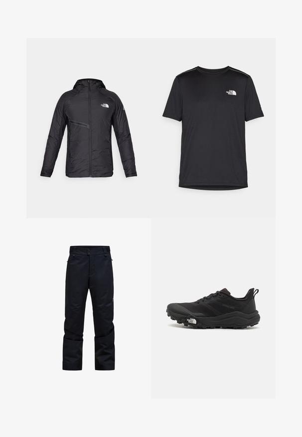 Čierna izolovaná bunda s kapucňou, vybavená predným zipsom, bočnými vreckami a logovými akcentmi. Hladká textúra a elegantný dizajn.; Čierne tričko s krátkym rukávom vyrobené z ľahkej tkaniny. Obsahuje malé biele logo na ľavej hrudi a jemné akcenty na pleciach.; Čierne nepremokavé nohavice so strehnutým strihom, dvojitým zapínaním na gombík, vreckami so zipsom a nastaviteľným pásom. Obsahujú hladkú, odolnú textíliu.; Čierne trailové behacie topánky s štruktúrovaným zvrškom, gumovou podrážkou a vystuženou špičkou. Obsahuje polstrovaný golier a úchyt na jednoduché obúvanie.