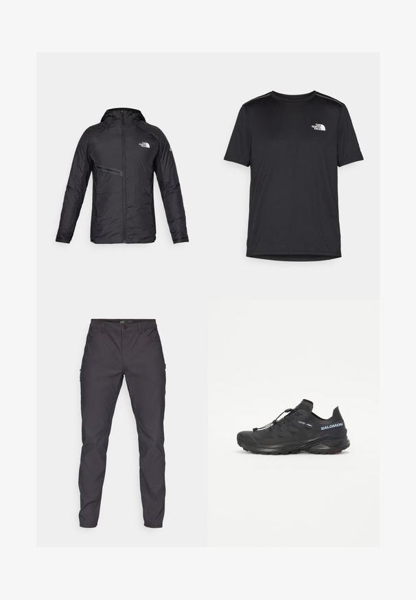 Juodas izoliuotas gobtuvėlis su priekiniu užtrauktuku, šonine kišene ir logotipo akcentais. Lygi tekstūra su aptakiu dizainu.; Juodas trumpas rankovės marškinėliai, pagaminti iš lengvos medžiagos. Yra mažas baltas logotipas kairiajame krūtinės pusėje ir subtilūs pečių akcentai.; Tamsiai pilki cargo tinklai su lygiu paviršiumi, turintys priekinius kišenius ir vieną šoninę kišenę; užsegamas juosmeniu su mygtuku.; Juodas taktinės bėgimo batelis su tekstūruotu viršumi, elastinėmis raištelėmis ir Contagrip padu. Turi tvirtą prigludimą ir apsauginį kojų dangtelį.