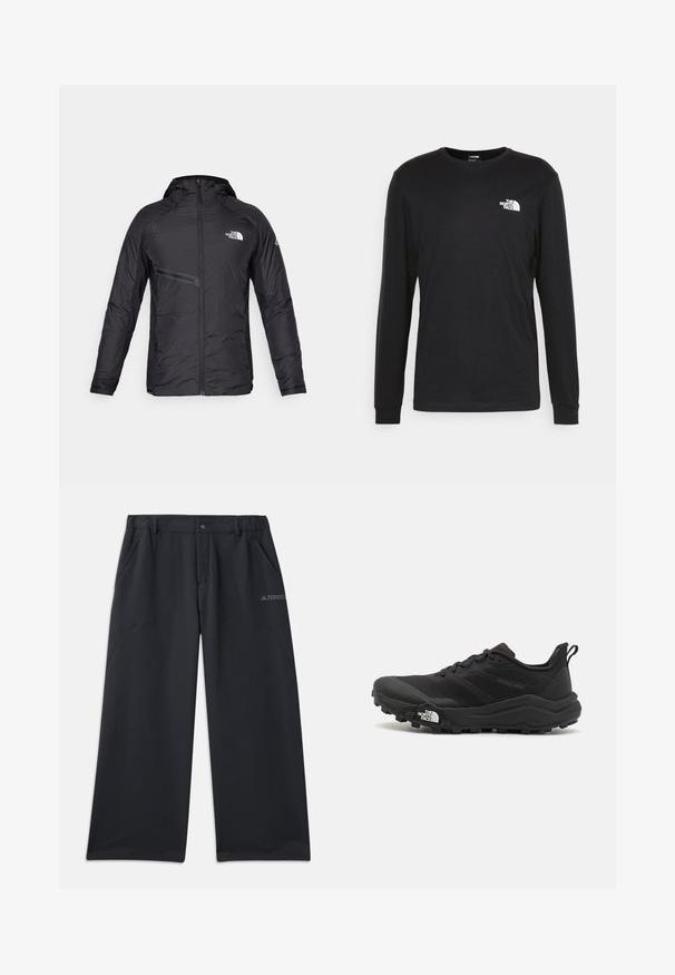Črna izolirana jakna s kapuco, ki ima sprednji zadrgo, stranske žepe in logotipne detajle. Gladka tekstura z aerodinamičnim dizajnom.; Črna majica z dolgimi rokavi iz bombaža, ki ima beli logotip na levem prsnem delu in rebraste manšete. Gladka tekstura z okroglim izrezom.; Črne pohodne hlače sproščenega kroja z dvema stranskima žepoma in zapiranjem na gumbe. Narejene iz trpežnega, lahkega materiala.; Črne tekaške čevlje za trail s teksturirano zgornjega dela, gumijastim podplatom in ojačanim zaključkom prstov. Vključuje oblazinjen ovratnik in zanko za enostavno obuvanje.