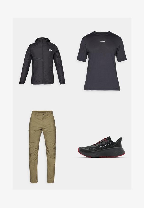 Svart isolert hettejakke med frontglidelås, sidelommer og logo detaljer. Glatt tekstur med et strømlinjeformet design.; Svart kortermet prestasjons-T-skjorte laget av pustende materiale, med rund hals og liten hvit "SALOMON" logo på brystet.; Kaki cargo bukser laget av slitesterkt stoff, med rette ben, flere frontlommer, og glidelås med knappelukking.; Svart treningssko med teksturert overdel, røde snører og logo. Tykksåle med mønstrede dekk for bedre veigrep. Minimalistisk design, sidevinkel.