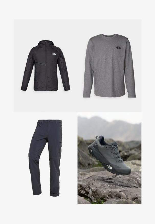 Black insulated hooded jacket featuring a front zipper, side pocket, and logo accents. Smooth texture with a streamlined design.; The North Face M L/S SIMPLE DOME TEE - Long sleeved top - medium grey heather; The North Face EXPLORATION CONVERTIBLE PANT - Trousers - asphalt grey; Grey trail running shoe with a textured upper, durable rubber sole, and reinforced toe cap. Features laces and brand logo on the side.