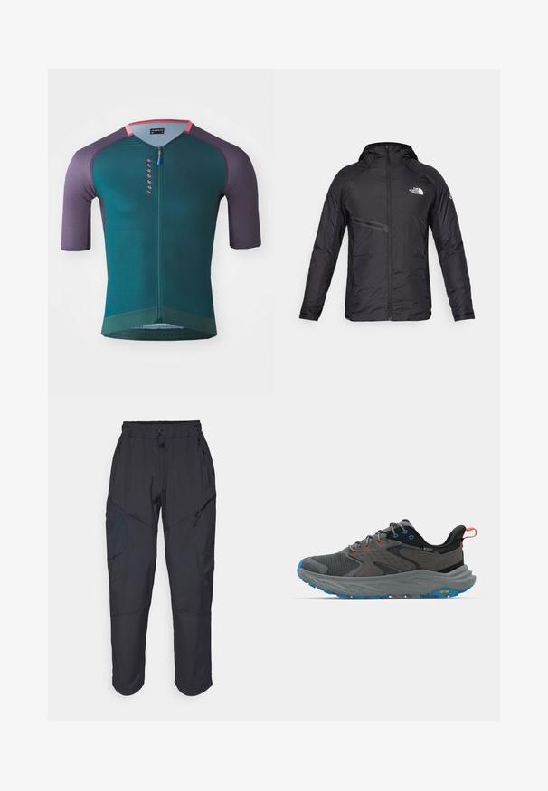 Schwarze isolierte Kapuzenjacke mit einem Reißverschluss vorne, Seitentasche und Logo-Details. Glatte Textur mit einem schlanken Design.; Kurze Ärmel Radtrikot in Blaugrün mit lila Schultern, ausgestattet mit einem Viertel-Reißverschluss, strukturiertem Stoff und einem pinken Logo auf der Vorderseite.; Schwarze Cargo-Hosen aus leichtem, wasserabweisendem Material; verfügen über einen elastischen Bund, mehrere Reißverschlusstaschen und schmal zulaufende Beine.; Graue Sportschuhe aus Mesh und Wildleder, blaue Außensohle, orangefarbene und blaue Akzente sowie eine strukturierte Zwischensohle mit einem Vibram-Logo.