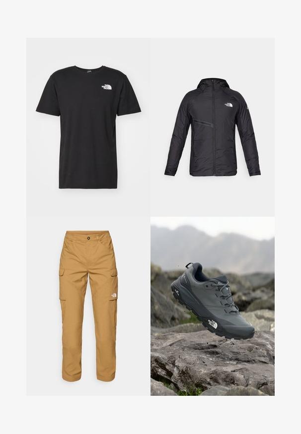 Juodas izoliuotas gobtuvėlis su priekiniu užtrauktuku, šonine kišene ir logotipo akcentais. Lygi tekstūra su aptakiu dizainu.; The North Face M SS BOX NSE TEE - Marškinėliai su spaudiniu - black/optic emerald; The North Face EXPLORATION PANTS - Kareiviško stiliaus kelnės - utility brown; Pilkas bėgimo batelis su tekstūruota viršutine dalimi, tvirtu guminio pado ir sustiprinta nosimi. Turi raištelius ir prekės ženklo logotipą šone.