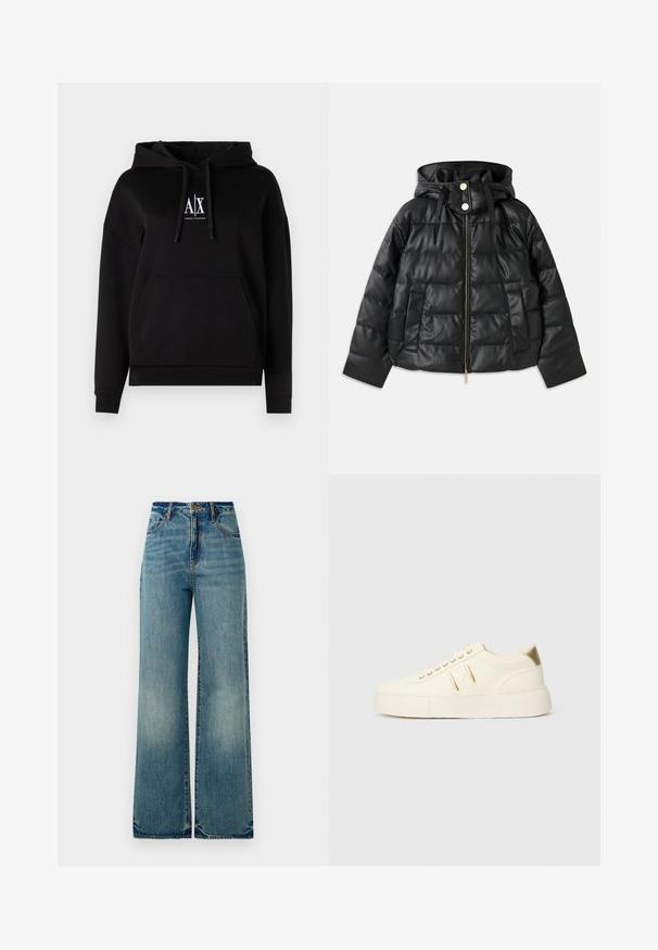 Crna puffer jakna s kapuljačom, izrađena od umjetne kože. Ima rebrastu teksturu, prednji zatvarač, zakovice i dva bočna džepa.; Crna dukserica s kapuljačom, prednjim džepom, vezicama i logom "A|X" na prsima. Izrađena od mekog materijala s opuštenim krojem.; Svijetloplavi traper široke nogavice s visokim strukom, pet džepova i blago poderanim rubovima, prikazuju teksturirani, izblijedjeli izgled.; Krem-beige niske tenisice s zlatnim detaljima, vezicama i utisnutim "Armani Exchange" brendom na potplatu i bočnoj oznaci.