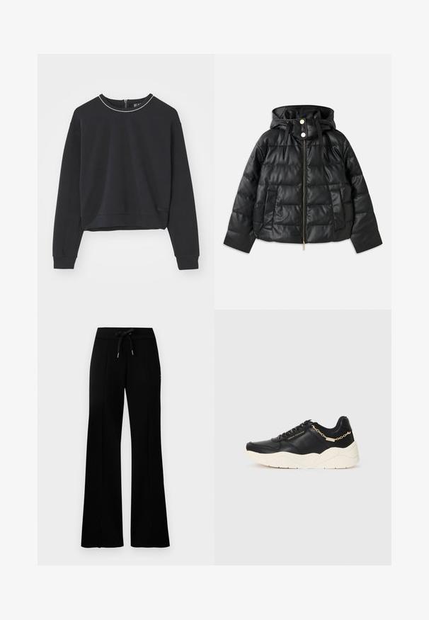 Svart boblejakke med hette, laget av faux lær. Har ribbet tekstur, frontglidelås, trykknapper og to sidelommer.; Svart genser med lange ermer, rund hals med metallisk detaljer, og en glidelåsåpning på siden bak. Myk bomullsblanding.; Svart vid bukse med snøring i midjen, sidelommer, myk stoff og et elegant design.; Svarte lærersneakers med en kraftig kremfarget såle, gullfarget kjedeaccent og svarte snøring. Glatt tekstur med preget merkevare på siden.