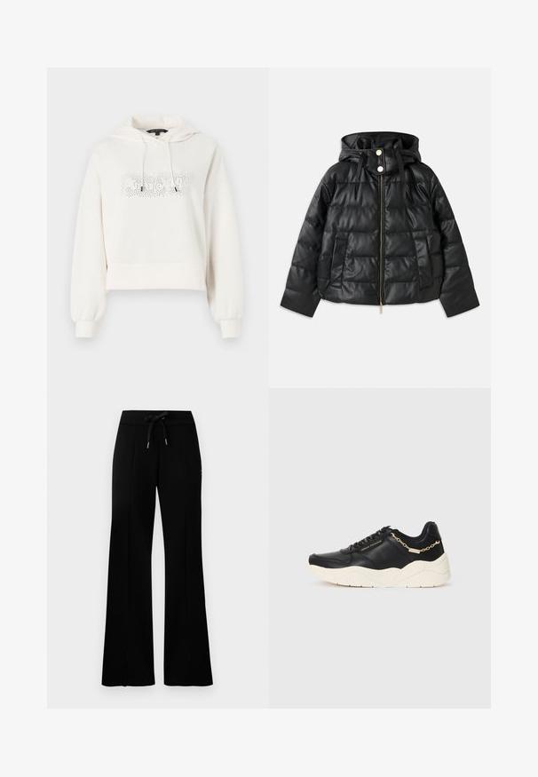 Geacă puffer neagră cu glugă, fabricată din piele ecologică. Prezintă textură ribbed, fermoar frontal, butoane cu capsenă și două buzunare laterale.; Hanorac scurt alb cu glugă, șnururi de ajustare și un desen grafic strălucitor pe partea din față. Material moale și mansete ribbate.; Pantaloni de trening negri, cu croială largă, talie cu șnur, detalii cu tăieturi laterale, material moale și un design elegant.; Pantofi sport din piele neagră cu o talpă groasă de nuanță crem, accent cu lanț de culoare aurie și șireturi negre. Textură netedă cu branding embosat pe lateral.