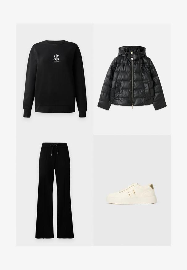 Černá péřová bunda s kapucí, vyrobená z umělé kůže. Obsahuje žebrovanou texturu, přední zip, patentky a dvě boční kapsy.; Černá mikina vyrobená z bavlněné směsi, s kulatým výstřihem a dlouhými rukávy. Na přední části se nachází bílé logo "A|X". Hladká textura.; Černé široké tepláky s elastickým pasem a šňůrkou, bočním rozparkem, měkkým materiálem a elegantním designem.; Krémové nízké tenisky s zlatými akcenty, tkaničkami a raženým brandingem "Armani Exchange" na podrážce a boční nášivce.