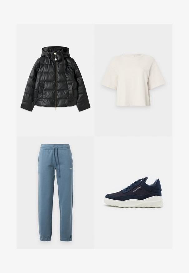 Sort puffjakke med hætte, lavet af faux læder. Har ribbet tekstur, en frontlynlås, trykknapper og to sidelommer.; Karamelfarvet cropped t-shirt lavet af ribbet stof, med rund halsudskæring og korte ærmer i en afslappet pasform.; Blå joggebukser med elastisk talje og justerbar snøre, sidelommer, elastiske manchetter og lille hvidt logo på venstre lår.; Mørk navy ruskind sneakers med hvide gummisåler, rund tå og snørebåndsdesign. Har logodetalje på siden og strukturerede accenter.